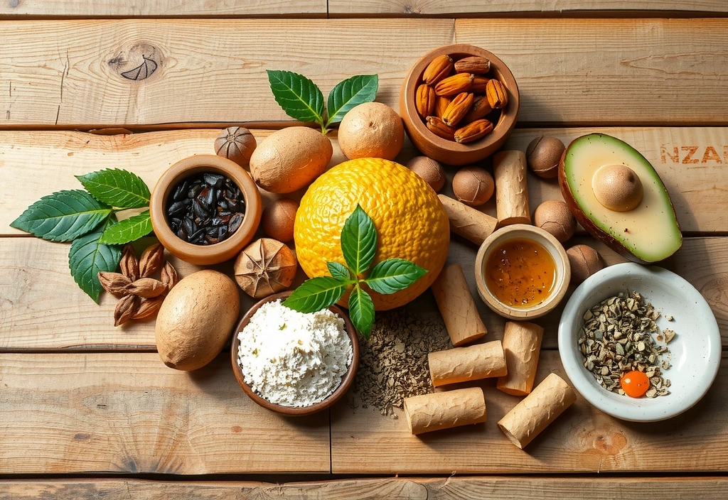 Traditional Indonesian natural wellness ingredients arranged in a beautiful display