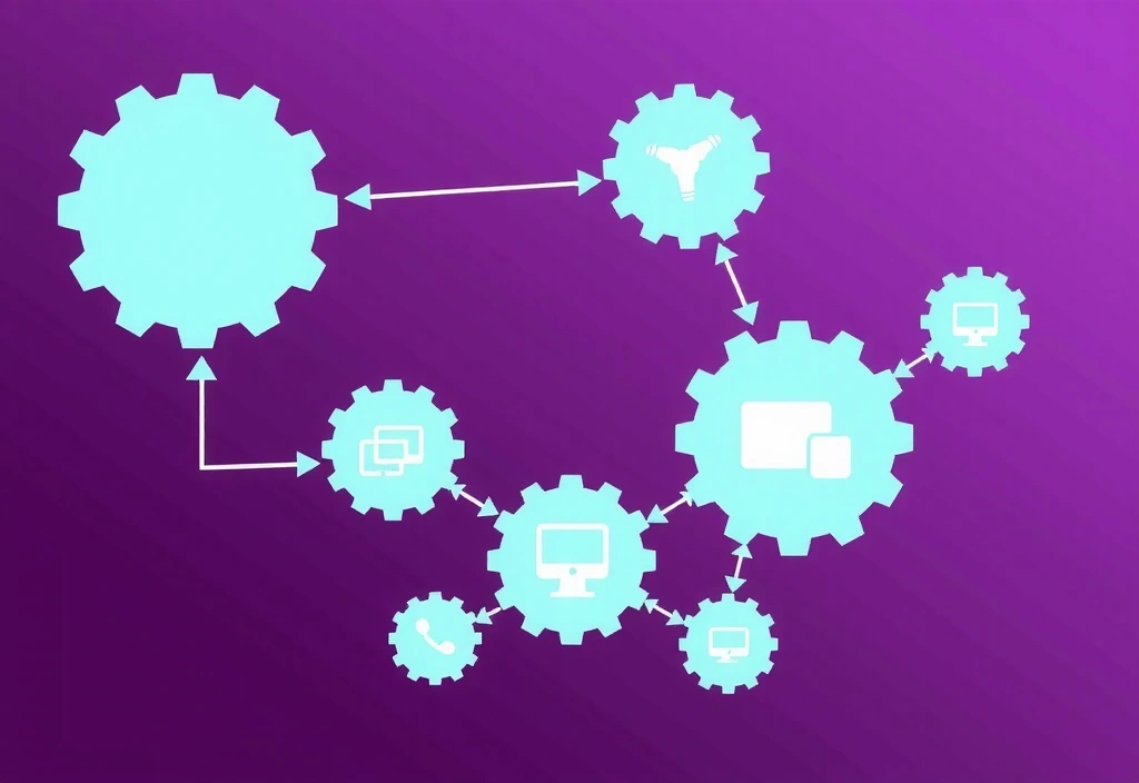 Information processing illustration with gears and data flow