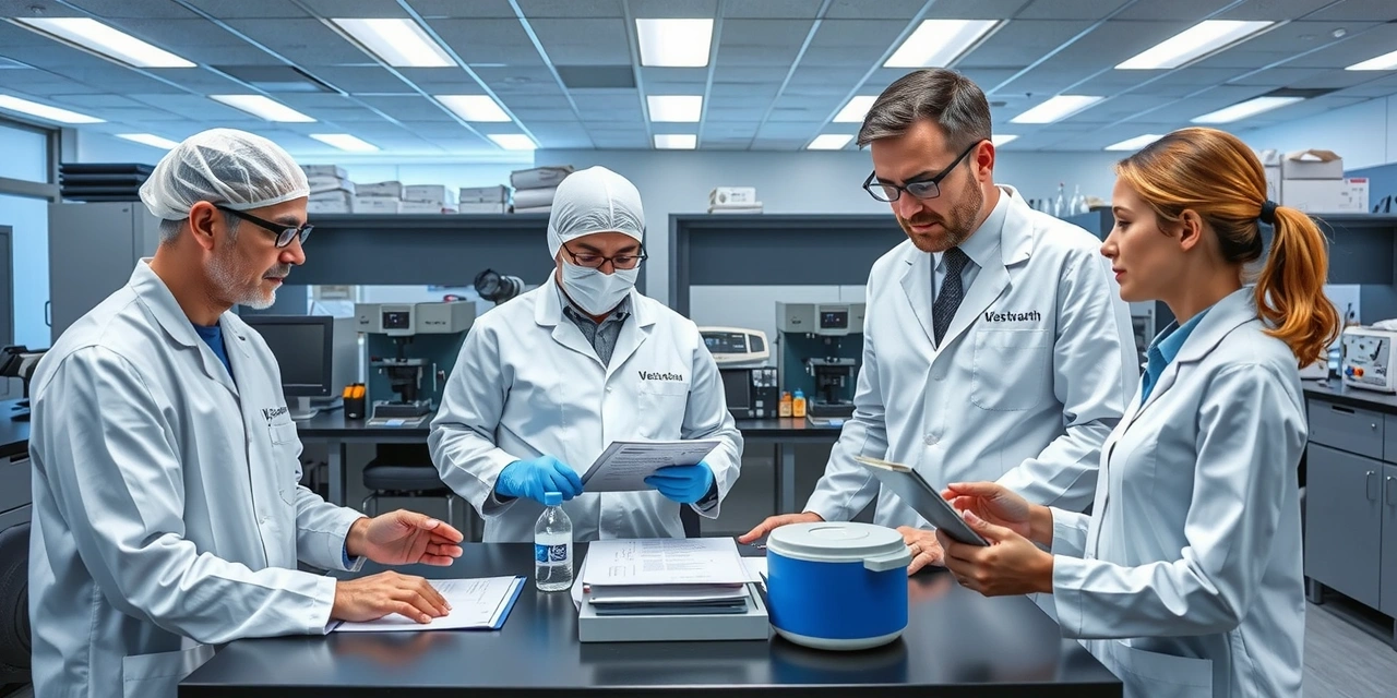 Modern quality control laboratory with testing equipment and certification documents being reviewed by quality assurance professionals