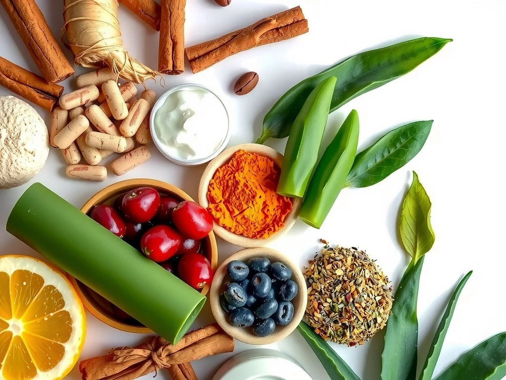 Natural botanical ingredients and herbs arranged beautifully showing the source of natural supplements